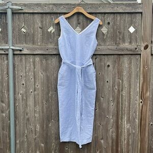 Talbots Blue/White Pinstripe Linen/Cotton Belted Jumpsuit with Pockets & Belt,4P